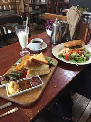 Mezze board and Tofu burger! at Gillam's Tea Room in Ulverston