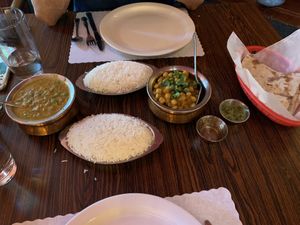 We got the Bayngan Bhartha (eggplant dish) and the Chickpea Channa Masala with some whole wheat Roti bread. All vegan! at Bombay Grill in Boise