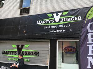 front of venue at Marty's V Burger in New York City