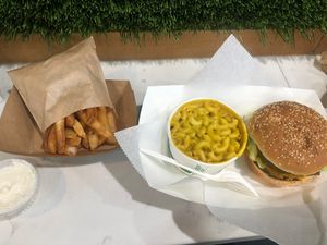 Fries, Mac and Cheese and the World Famous Burger  at Marty's V Burger in New York City