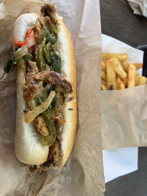 Pepper steak sandwich and fries  at Marty's V Burger in New York City