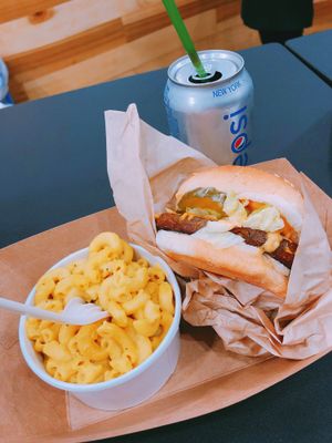 World famous burger with mac n cheese at Marty's V Burger in New York City