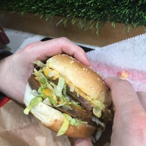 Double World Famous Burger... so good!!! at Marty's V Burger in New York City