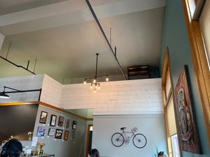 Bicycle decor in the dining area at Selah Tea Cafe in Waterville