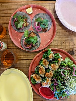 Tacos and "sushi" roll at Hemp Cafe Tokyo in Tokyo