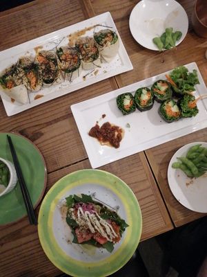 Burrito, raw sushi, edamame, tacos at Hemp Cafe Tokyo in Tokyo