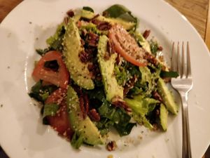 The salad with figs, avocado, hemp seeds, tomatoes and pecan nuts at Hemp Cafe Tokyo in Tokyo