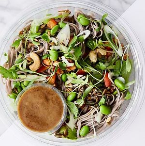 buckwheat noodles with cashews, peppers and edamame with a delicious, tangy tamari dressing at Detox Kitchen and Juice Bar in Belmont