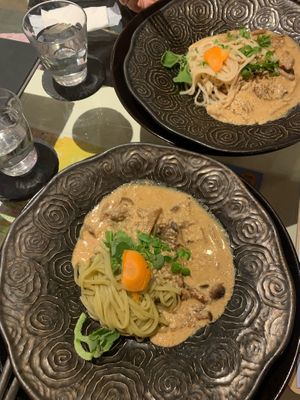 Yamato toki noodles with  soy milk mushroom cream sauce  at Kururu in Nara