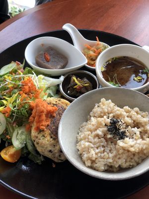 Lunch plate with tofu burger at Kururu in Nara