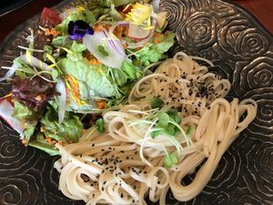 Noodles and vegetables at Kururu in Nara