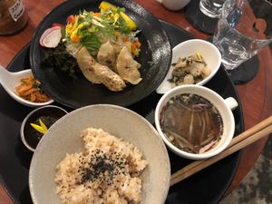 Brown rice and veggies with daikon+negi gyoza and a small soup! at Kururu in Nara