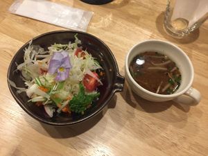 Salad and Miso.  Part of the mushroom pasta meal  at Kururu in Nara
