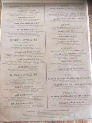 Menu lunch / dinner  at Bali Bowls in Canggu