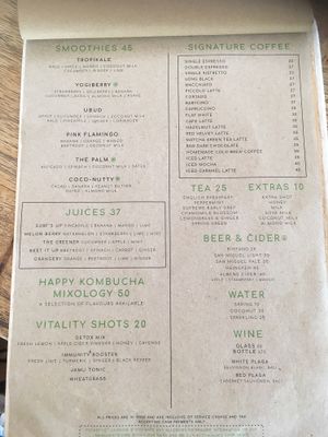 Menu drinks  at Bali Bowls in Canggu