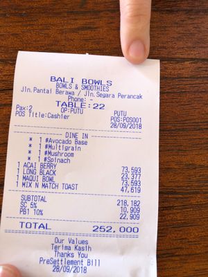 prices  at Bali Bowls in Canggu