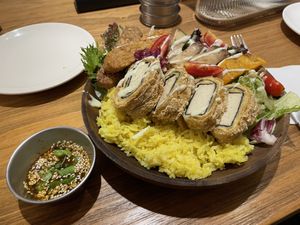 Crispy wrapped seaweed and tofu with tempeh and veggies and rice   at The Green Room in Taipei