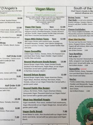 Menu at D'Angelo's in Bay City