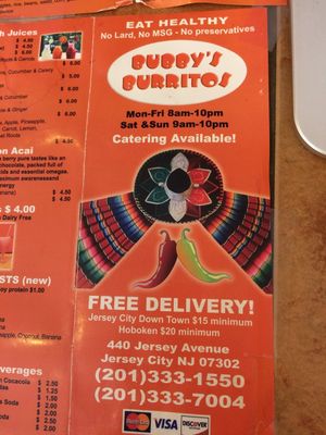 Take out menu at Bubby's Burritos in Jersey City