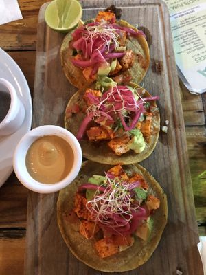 Vegan tofu tacos  at Aroma Isla in Isla Mujeres