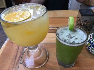 Sparkling orangeade and chia with lemon!! Both delicious!! at Aroma Isla in Isla Mujeres