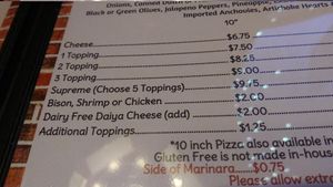 Menu dairy free cheese at The Brick Pizzeria in Columbus