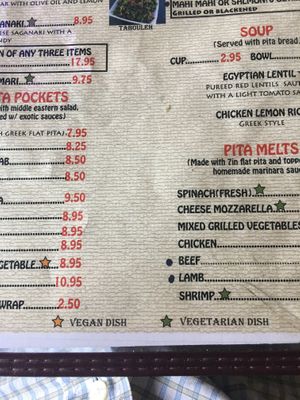 Vegan and vegetarian dishes clearly marked  at Mini Pita Cafe in Fort Lauderdale