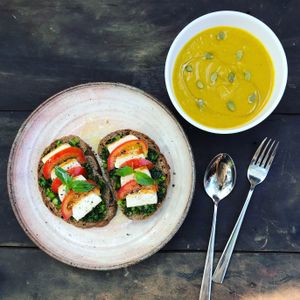 Caprese on Toasted Brown Bread and Whole Pumpkin Soup. at Uguisu Sabou in Kampot