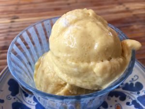 Homemade mango coconut ice cream. Unbelievably good! at Uguisu Sabou in Kampot