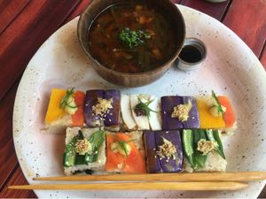 Vegan sushi and miso soup  at Uguisu Sabou in Kampot
