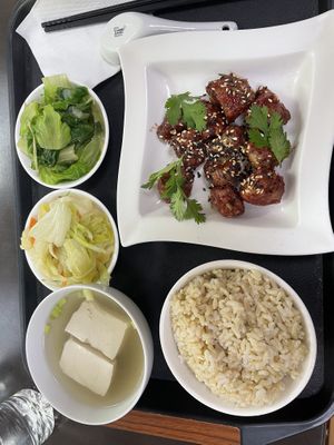 Fried oyster mushroom in red yeast sauce business set meal.  at Guan Shi Yin Organic Lifestyle in Taichung
