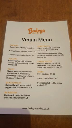 vegan menu at Bodega Cantina in Birmingham