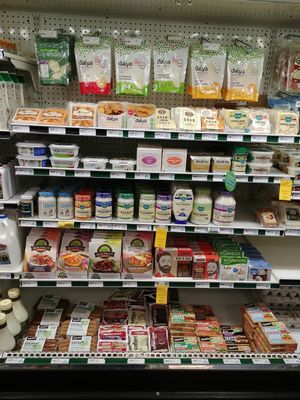 Green price channels indicate designated vegan sections, but there are other vegan products mixed into aisles with similar non-vegan products. Yellow price channels are Gluten-Free. They have Heidi Ho, Miyokos, Follow Your Heart, and Kite Hill products in addition to more common vegan alternatives. at Choices Natural Market in Loves Park