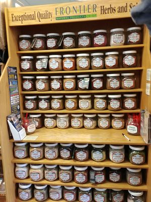 They have a whole aisle of bulk products from brands like Frontier Natural Products Co-Op, Lotus Foods, Alter Eco, Tierra Farm Organic, Pecan Shop, and Sprouted Almonds. There are cooking herbs and spices, loose teas, rices, nuts, seeds, grains, granolas, trail mixes, and even candy. They have vegan Jolly Beans! You can even bring containers from home for zero waste. at Choices Natural Market in Loves Park