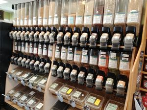 They have a whole aisle of bulk products from brands like Frontier Natural Products Co-Op, Lotus Foods, Alter Eco, Tierra Farm Organic, Pecan Shop, and Sprouted Almonds. There are cooking herbs and spices, loose teas, rices, nuts, seeds, grains, granolas, trail mixes, and even candy. They have vegan Jolly Beans! You can even bring containers from home for zero waste. at Choices Natural Market in Loves Park