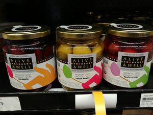 Naturally fermented probiotic olives! They sell a ton of fermented foods like krauts, pickles, kombuchas, vegan coconut water kefirs, cultured non-dairy yogurt, and even cultured vegan butters and cheeses. They sell started cultures too in the fridge. at Choices Natural Market in Loves Park