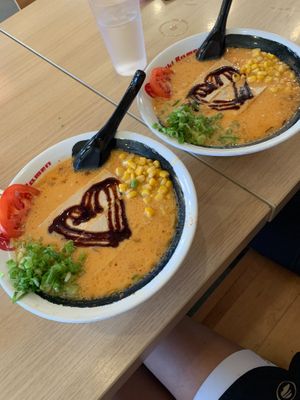 Cute! 2 spicy veggie ramen with no-egg noodles  at Nishiki Ramen in San Diego