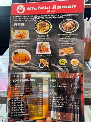 Menu at Nishiki Ramen in San Diego