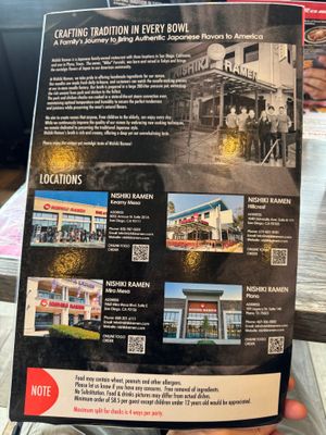 Menu at Nishiki Ramen in San Diego