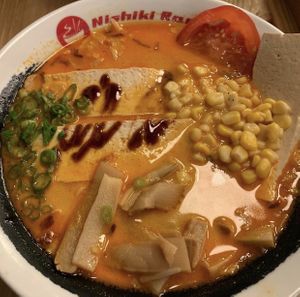 Vegan ramen with house hot sauce at Nishiki Ramen in San Diego