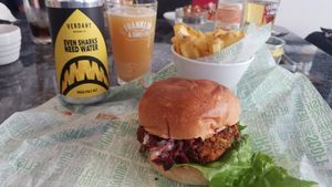 Greek burger, fries, beer at The Diner in Stroud