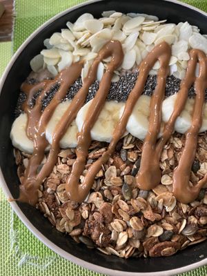 Chocolate, peanut butter, banana bowl  at Super Juice in Praia Da Rocha