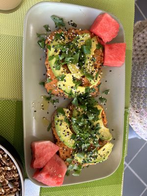 Red pepper hummus toastt  at Super Juice in Praia Da Rocha