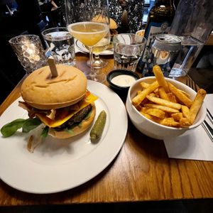 Vegan Viking burger with fries and vegan aioli  at Dognvill Bar and Burger in Stavanger
