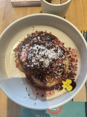 Cherry pancakes  at Farm Girl Cafe in West London