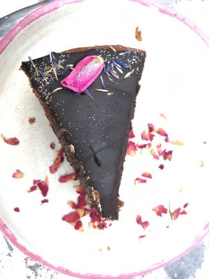 Vegan chocolate and blueberry cake at Farm Girl Cafe in West London