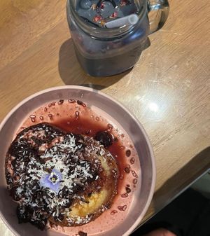 🥞 cherry ripe pancakes & Ice latte black   at Farm Girl Cafe in West London