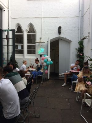 outside yard at Farm Girl Cafe in West London