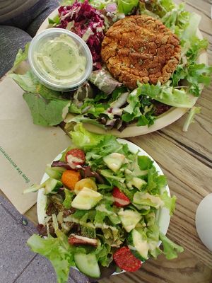 Pesto chickpea burger and side salad at Hippy Chick Hummus in Frederick