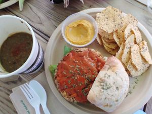 Buffalo ranch chickpea burger, pumpkin hummus & chips, and lentil soup at Hippy Chick Hummus in Frederick